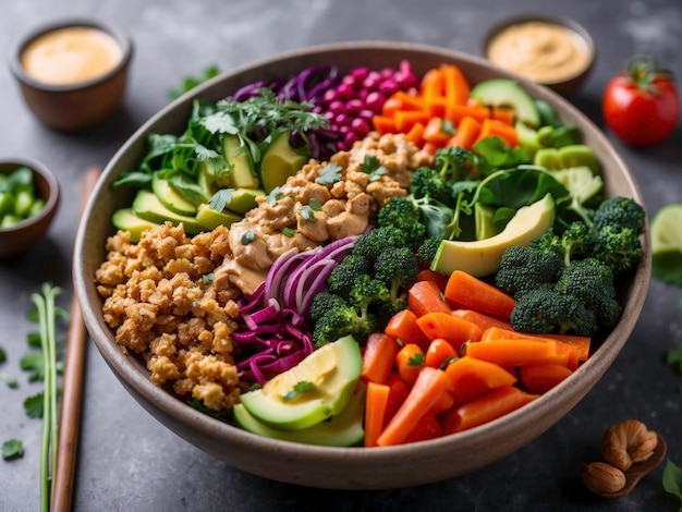 Photo healthy rainbow buddha bowl with fresh vegetables and hummus ai generative