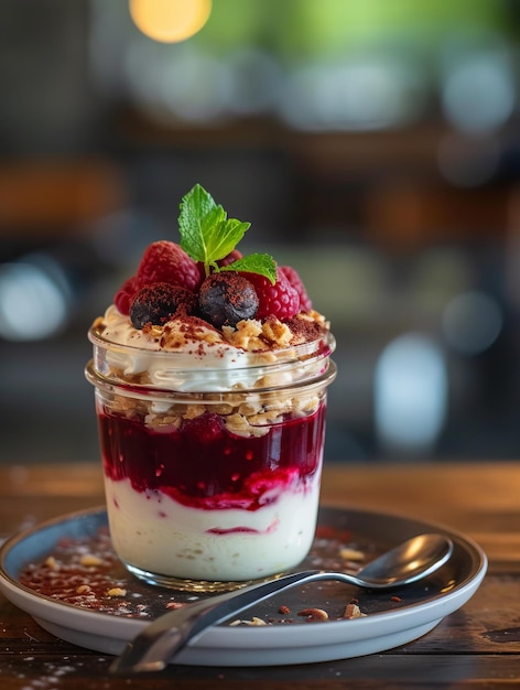 Healthy raspberry and blueberry parfait in the jar realistic photo