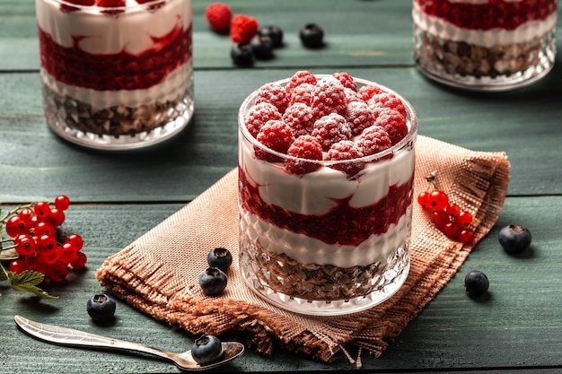 Healthy raspberry fruit dessert with skyr yogurt granola layered in jar surrounded by ingredients Vegetarian breakfast fresh raspberries and blueberries yoghurt