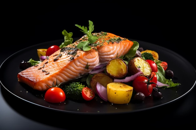 Healthy Recipe of Salmon Potatoes and Fresh Vegetables