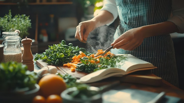 Photo healthy recipes in a cookbook with fresh ingredients being prepared cozy kitchen closeup sharp focus bright lighting