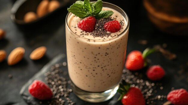 Photo healthy and refreshing almond milk with chia seeds and fruit high calcium beverage concept