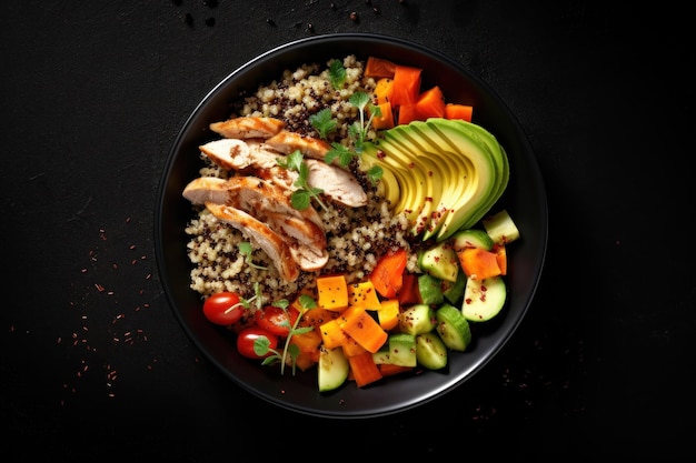 Healthy Rice Bowl with Avocado Carrots and Chicken