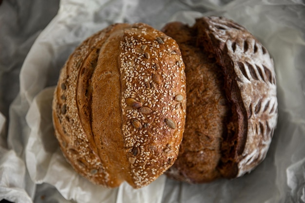 Healthy rye bread slices on the plate on concrete background