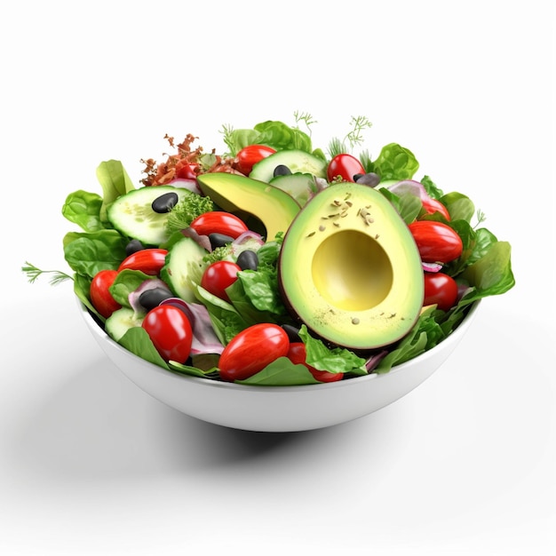 Healthy salad bowl with avocado tomatoes olives and herbs