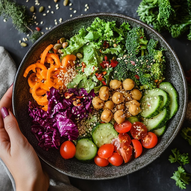 Photo a healthy salad bowl with greens chickpeas cucumbers tomatoes carrots and red cabbage