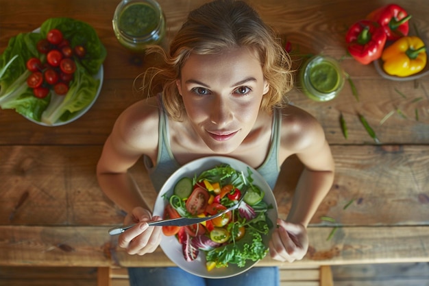 Photo healthy salad eating woman wooden