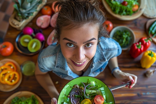 Photo healthy salad eating woman wooden