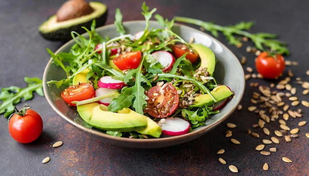 Healthy salad of fresh vegetables red tomatoes avocado arugula radish and seeds in plate