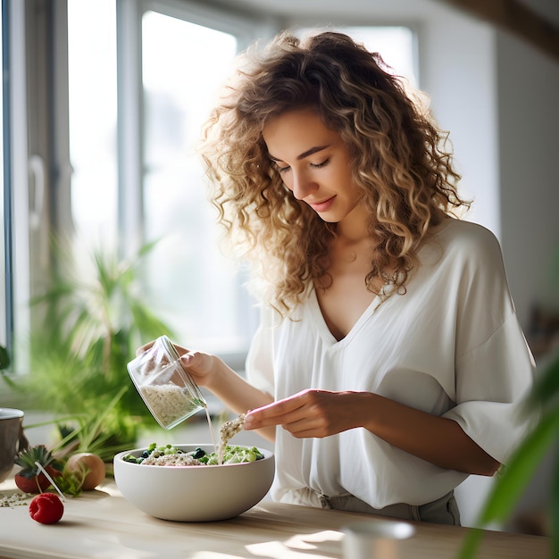 Photo healthy salad preparation in a sunlit kitchen