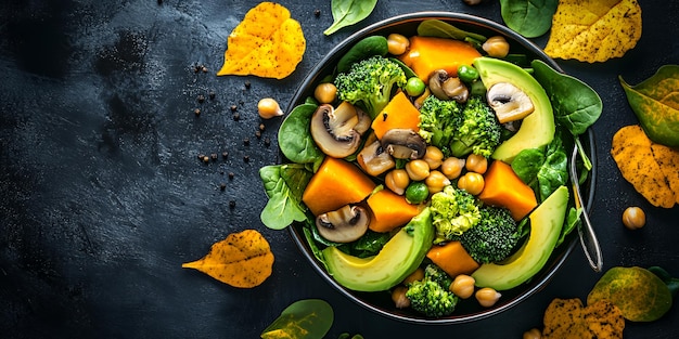 Photo a healthy salad with avocado pumpkin broccoli chickpeas mushrooms and spinach in a bowl on a black background