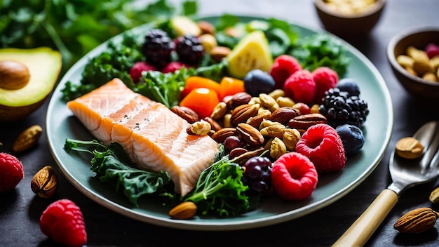 Healthy Salmon Avocado Berry Nuts Vegetable Food Generated By AI