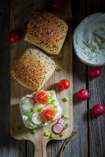 Healthy sandwich with crunchy bread radish and fromage cheese