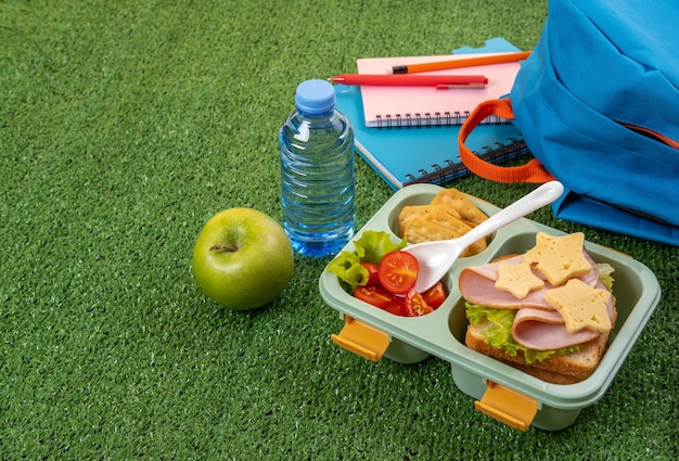 Healthy school lunch box with sandwich and salad at school yard School supplies books apple and a bottle of water Back to school