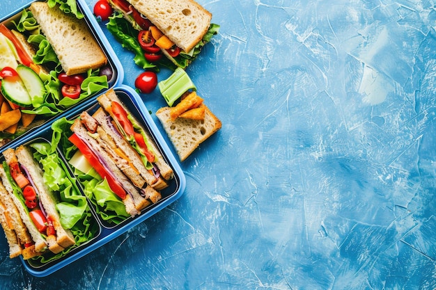 Photo healthy school lunch with sandwiches and fresh snacks on blue background