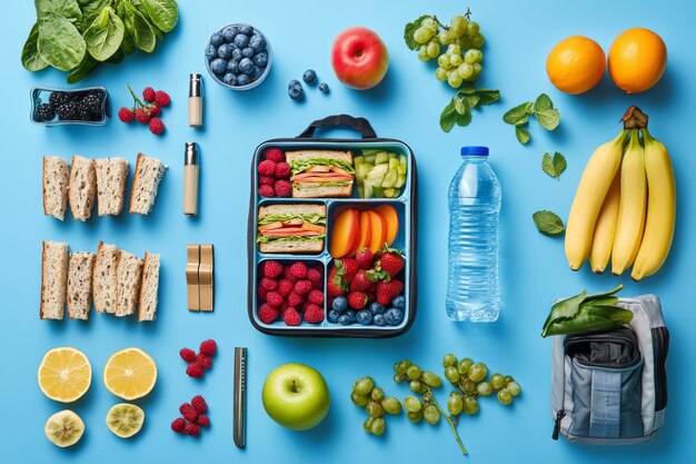 Photo healthy school lunchbox setup