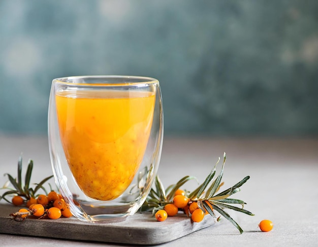 Healthy sea buckthorn tea in glass cup selective focus