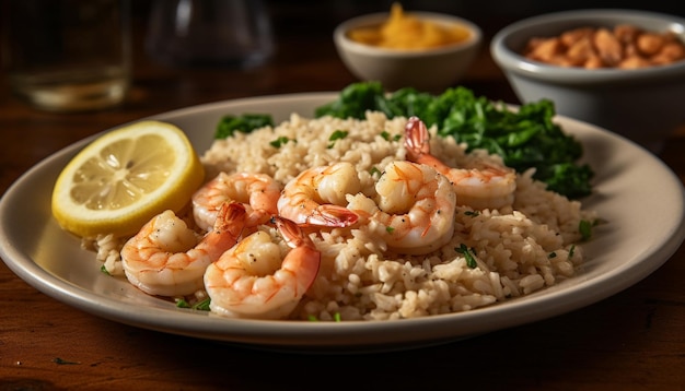 Healthy seafood meal with prawn risotto plate generated by AI