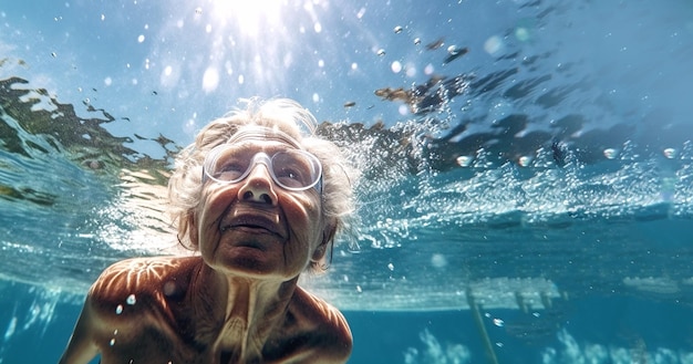 Healthy senior woman swimming under water in public pool mineral water pool Happy pensioner