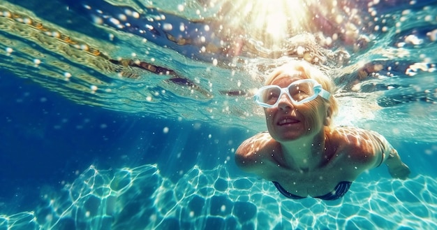 Healthy senior woman swimming under water in public pool mineral water pool Happy pensioner