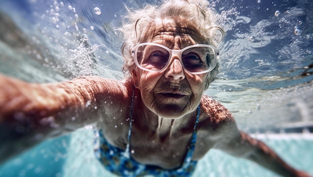 Healthy senior woman swimming under water in public pool mineral water pool Happy pensioner