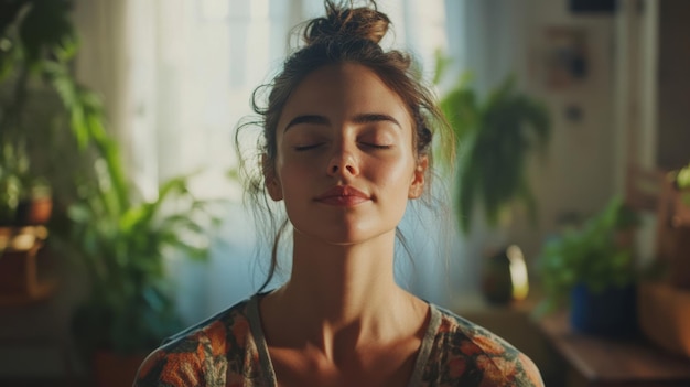 Photo healthy serene young woman meditating at home for wellness promotion