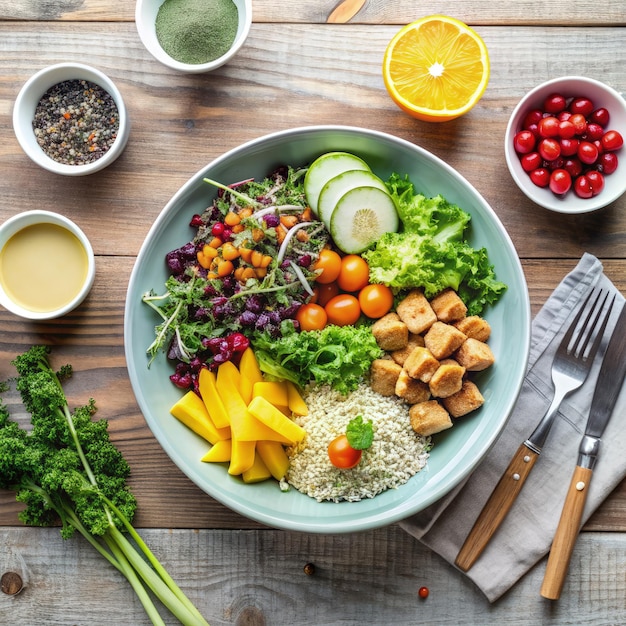 Photo healthy and simple salad bowl with fresh ingredients on a wooden table generative ai