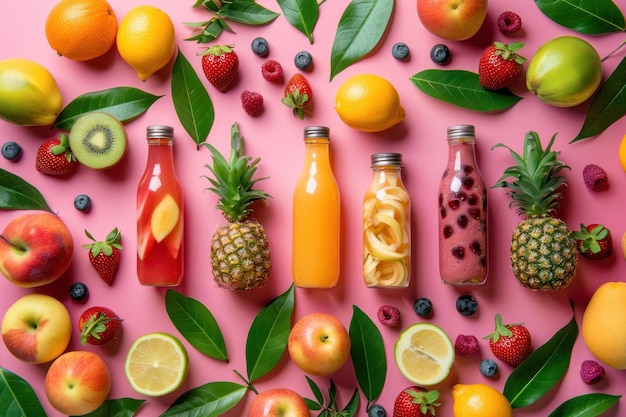 Healthy Smoothie Bottles and Fresh Fruit on Pink Background