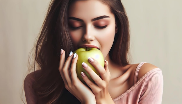 healthy snack fresh fruit healthy eating woman is biting into a green apple with her eyes closed She