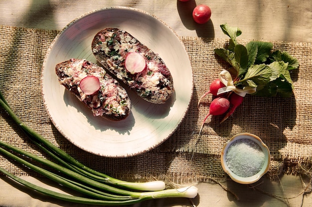 Healthy snack organic radish smearing on sourdough bread with young onion salt under natural shadows Rustic organic eat out food Picnic in countryside Delicious recipe English Garden Toasts