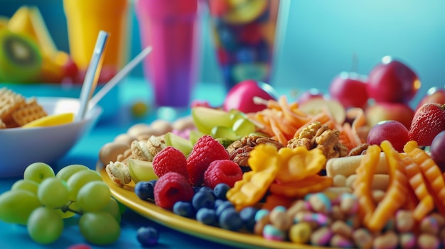 Healthy Snack Platter with Fitness Props Nutrient rich Plate of Fruit and Crackers