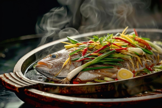 Healthy Steamed Fish with Vegetables and Herbs for Light Gourmet Seafood Dish