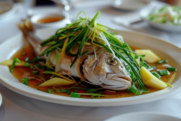 Healthy Steamed Fish with Vegetables and Herbs for Light Gourmet Seafood Dish