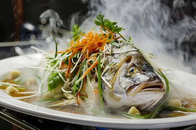 Healthy Steamed Fish with Vegetables and Herbs for Light Gourmet Seafood Dish