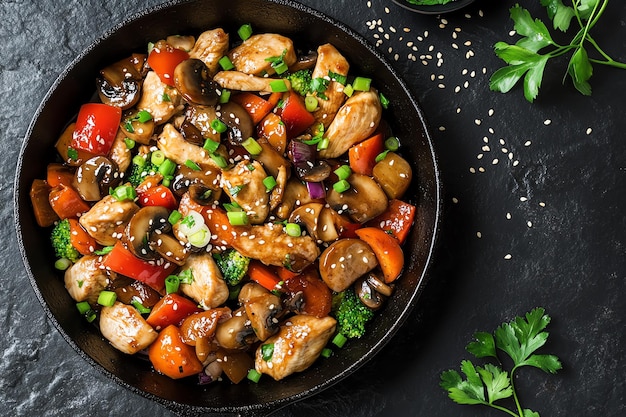 Photo healthy stirfry chicken with colorful vegetables and sesame seeds in a wok a vibrant