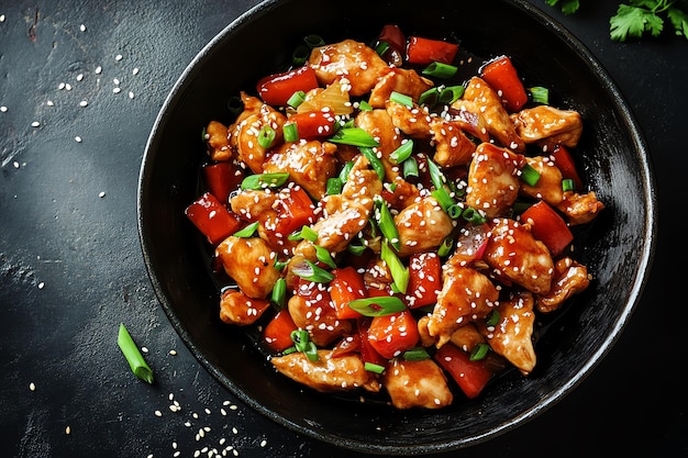 Photo healthy stirfry chicken with colorful vegetables and sesame seeds in a wok a vibrant