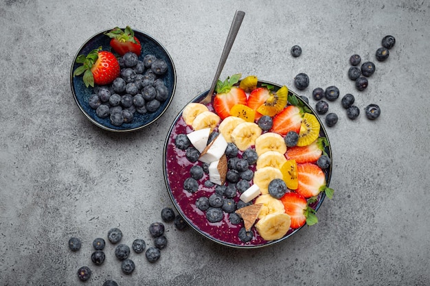 Healthy summer acai smoothie bowl with chia seeds fresh