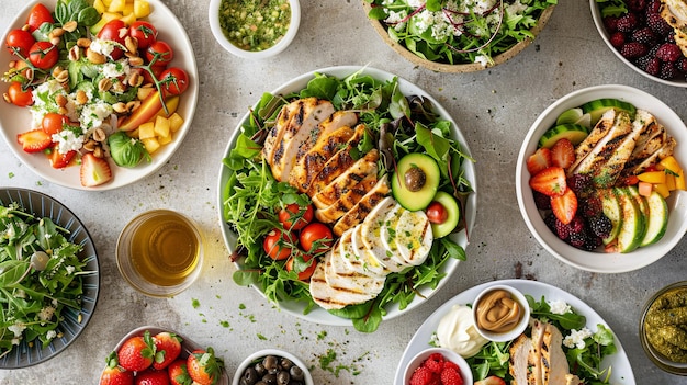 Healthy Summer Salads A topdown view of a background featuring various summer salads like a quinoa salad