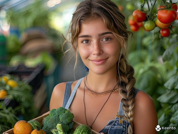 Healthy teenager holding a crate of various vegetables amidst a vegetable garden