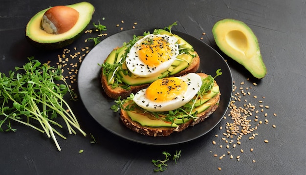 Healthy toasts with avocado egg and sesame seeds sprinkled with cress salad Tasty food