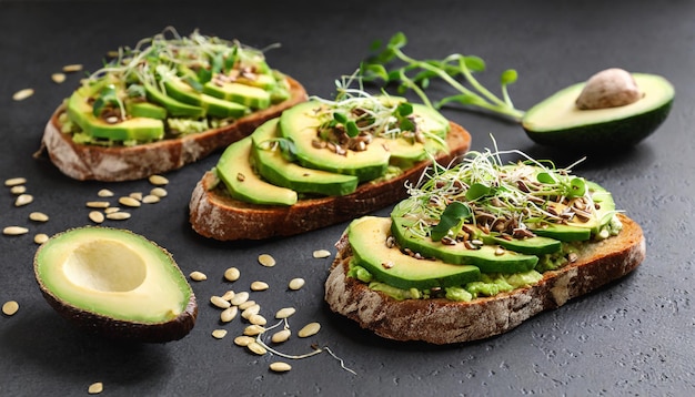 Healthy toasts with avocado slices seeds and green sprouts Organic morning meal Tasty food