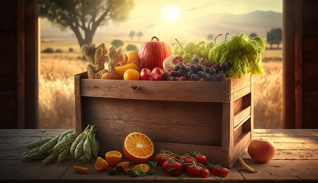 Healthy of varies raw organic vegetables in basket box on wooden table ingredients Generative Ai