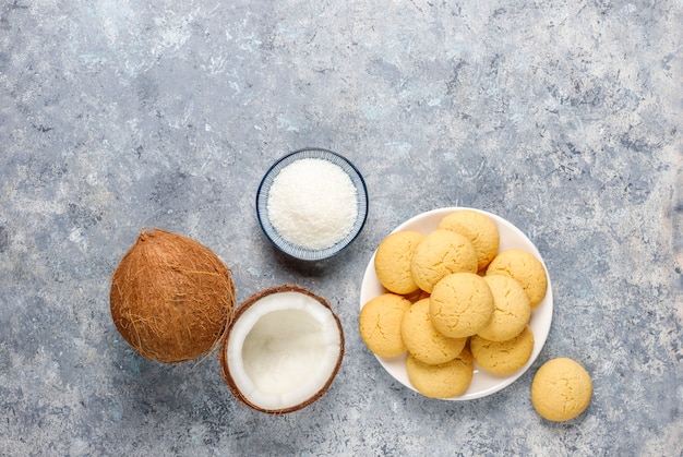 Healthy vegan homemade coconut cookies with half coconut