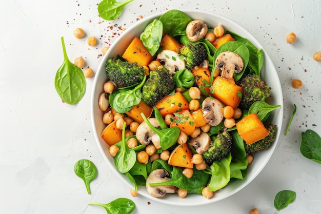 Photo healthy vegan lunch bowl with avocado mushrooms broccoli spinach chickpeas