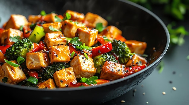 Photo healthy vegan stirfry with tofu and mixed veggies