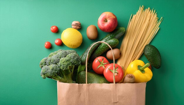 Photo healthy vegan and vegetarian food in paper bag shopping or delivery concept