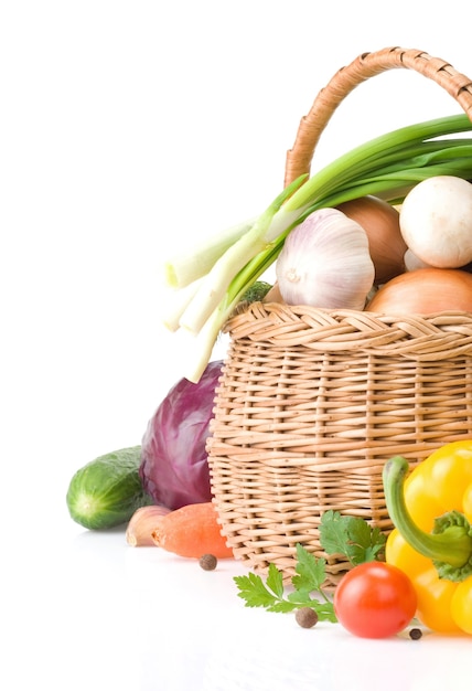 Healthy vegetable food and basket isolated 