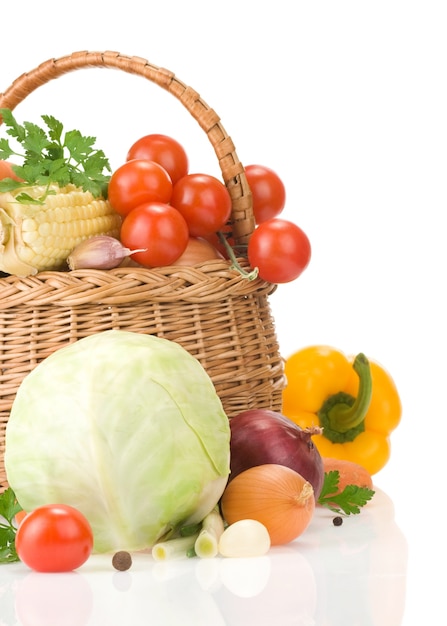 Healthy vegetable food and basket isolated 