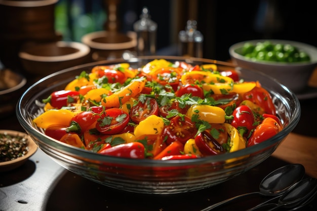 Healthy vegetable salad with mature multicolored peppers generated by generative IA