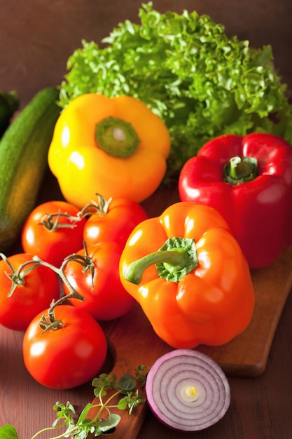 Healthy vegetables pepper tomato salad onion on rustic background